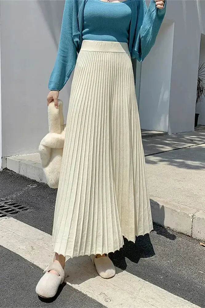 High Waist Patchwork Pleated Maxi Skirt