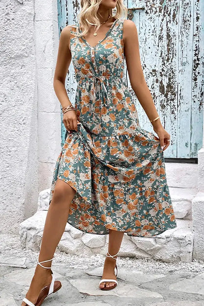 Elegant Floral Printed Bandage Sleeveless Maxi Dress