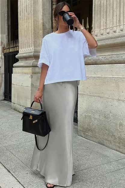 Elegant Patchwork Satin Maxi Skirt