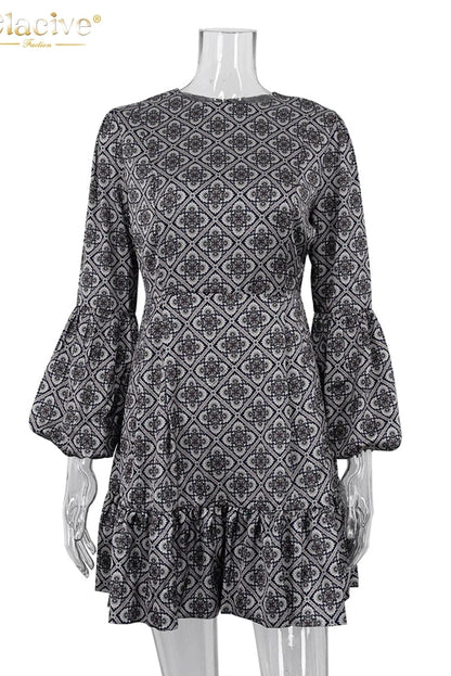 Print O-Neck Puff Sleeve Mini Dress