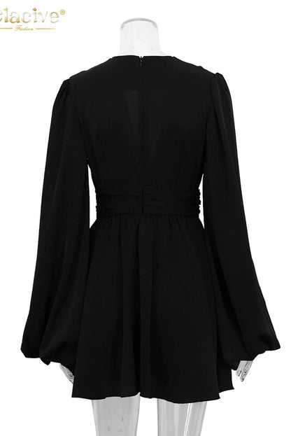 Deep V-Neck Puff Sleeve Mini Dress