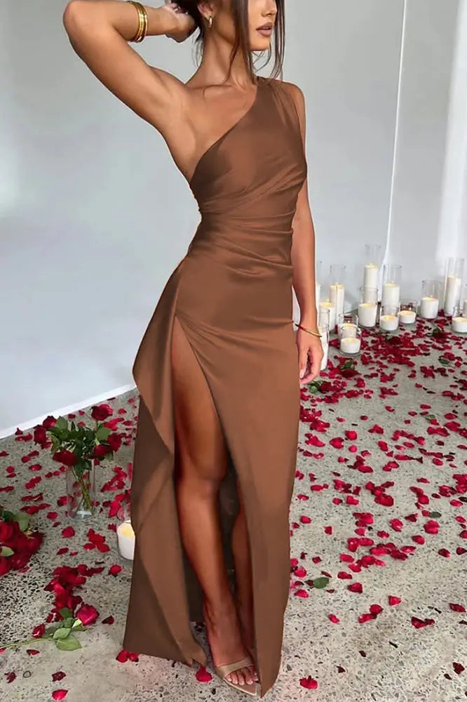 Satin Oblique Shoulder High Split Maxi Dress