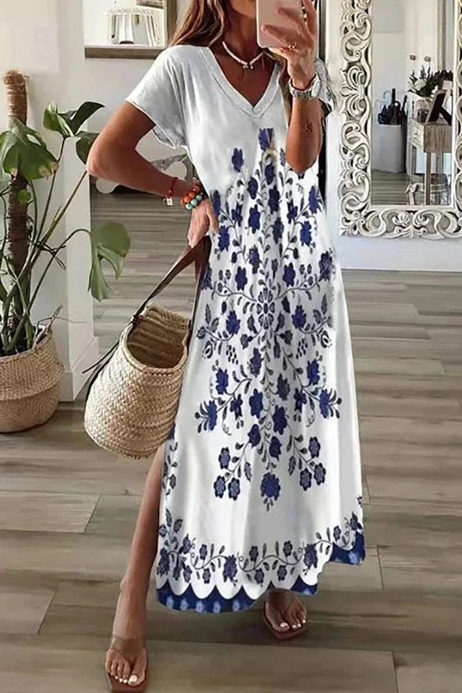 Printed Short Sleeved V-Neck Maxi Dress