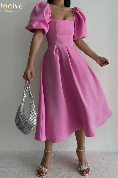 Square Collar Puff Sleeve Maxi Dress