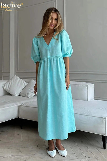 V-Neck Short Sleeve Maxi Dress