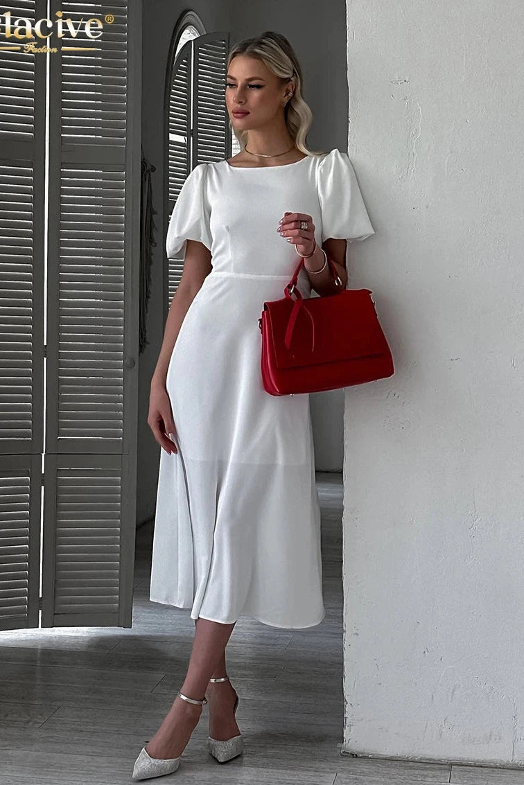 O-Neck Short Sleeve Midi Dress