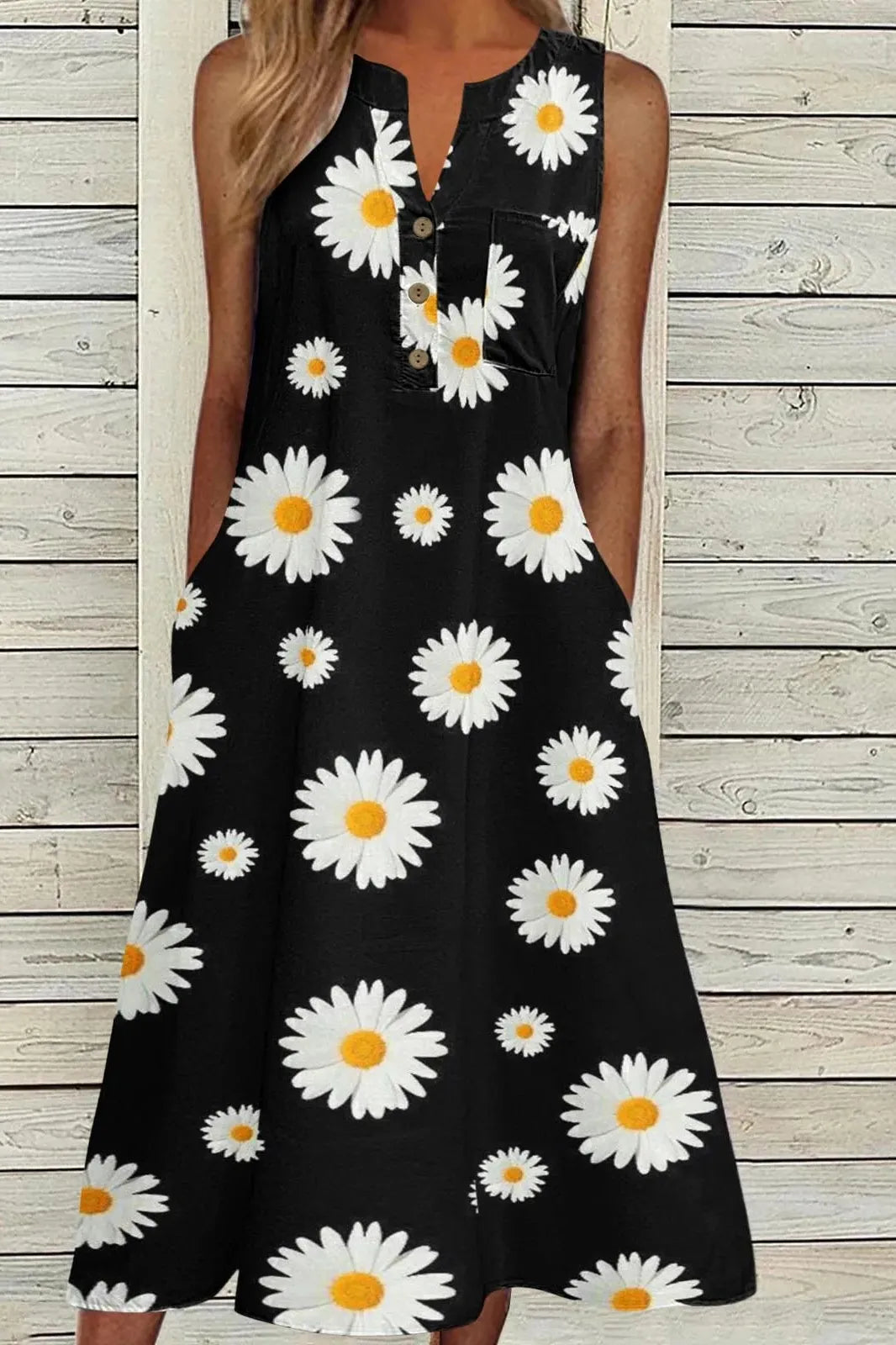 Print V Neck Sleeveless Midi Dress