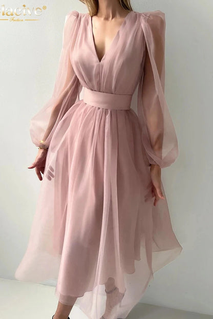 V-Neck Puff Sleeve Midi Dress