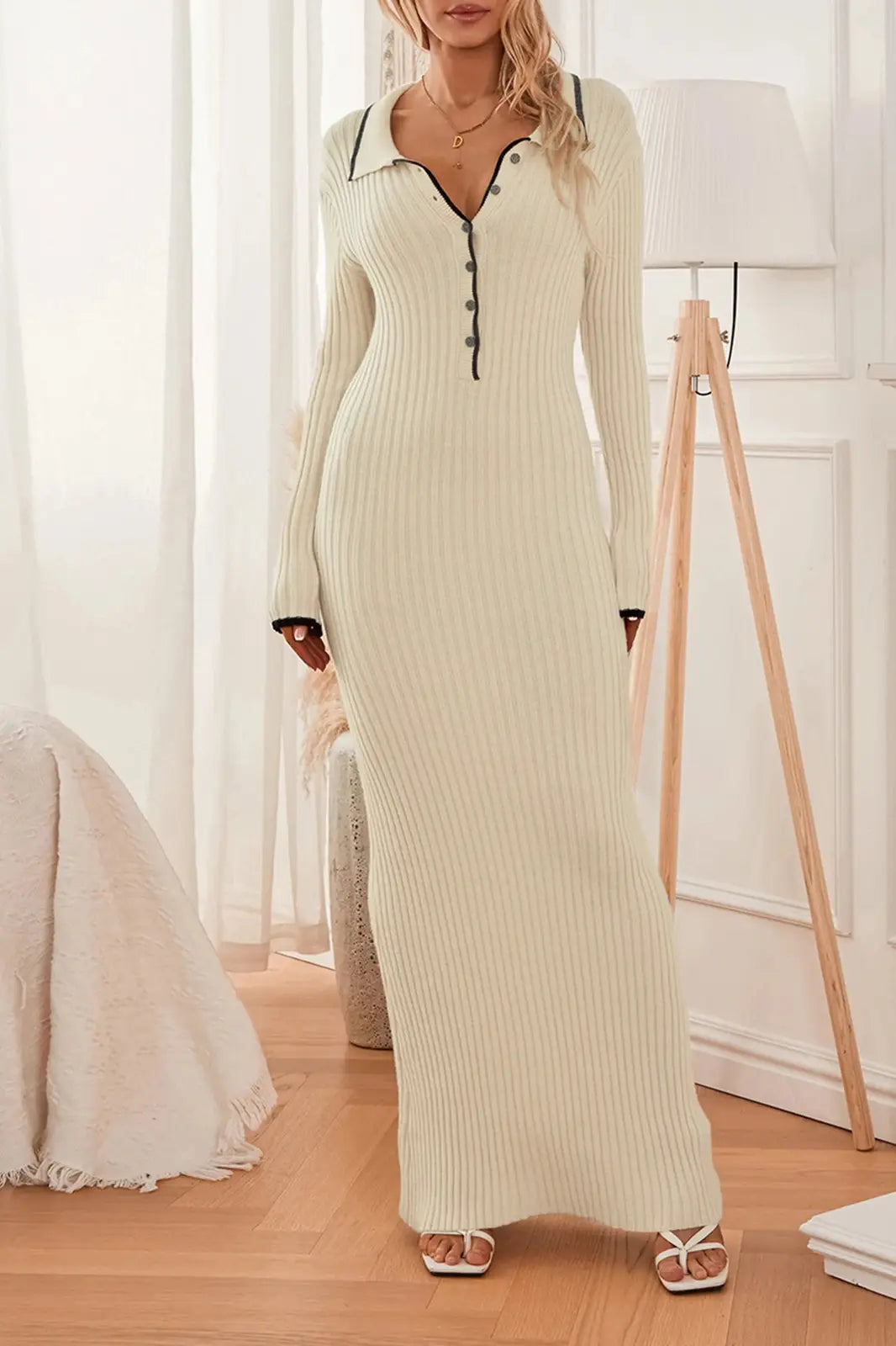 Women's Knit Ribbed Lapel Neck Button-Down Maxi Dress