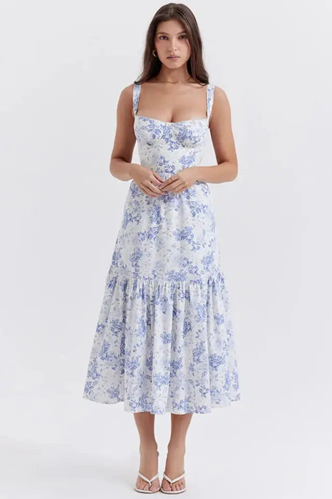 Floral Print Sleeveless A-line Pleated Midi Dress
