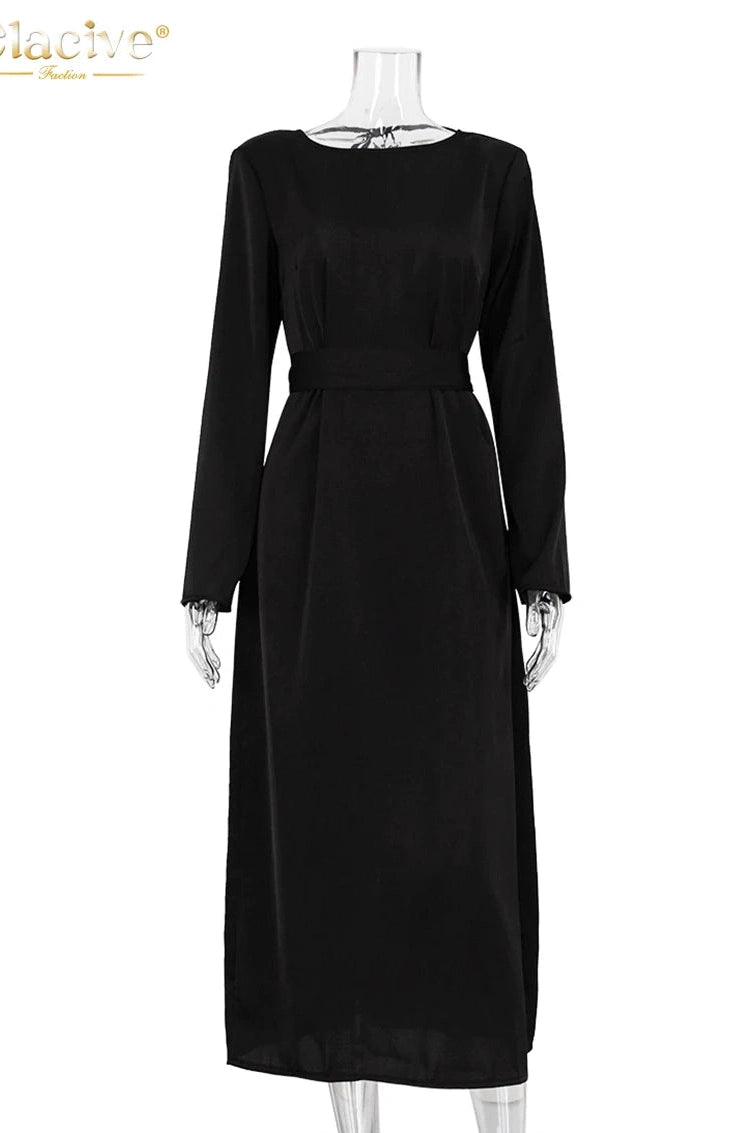 Elegant O-Neck Long Sleeve Midi Dress