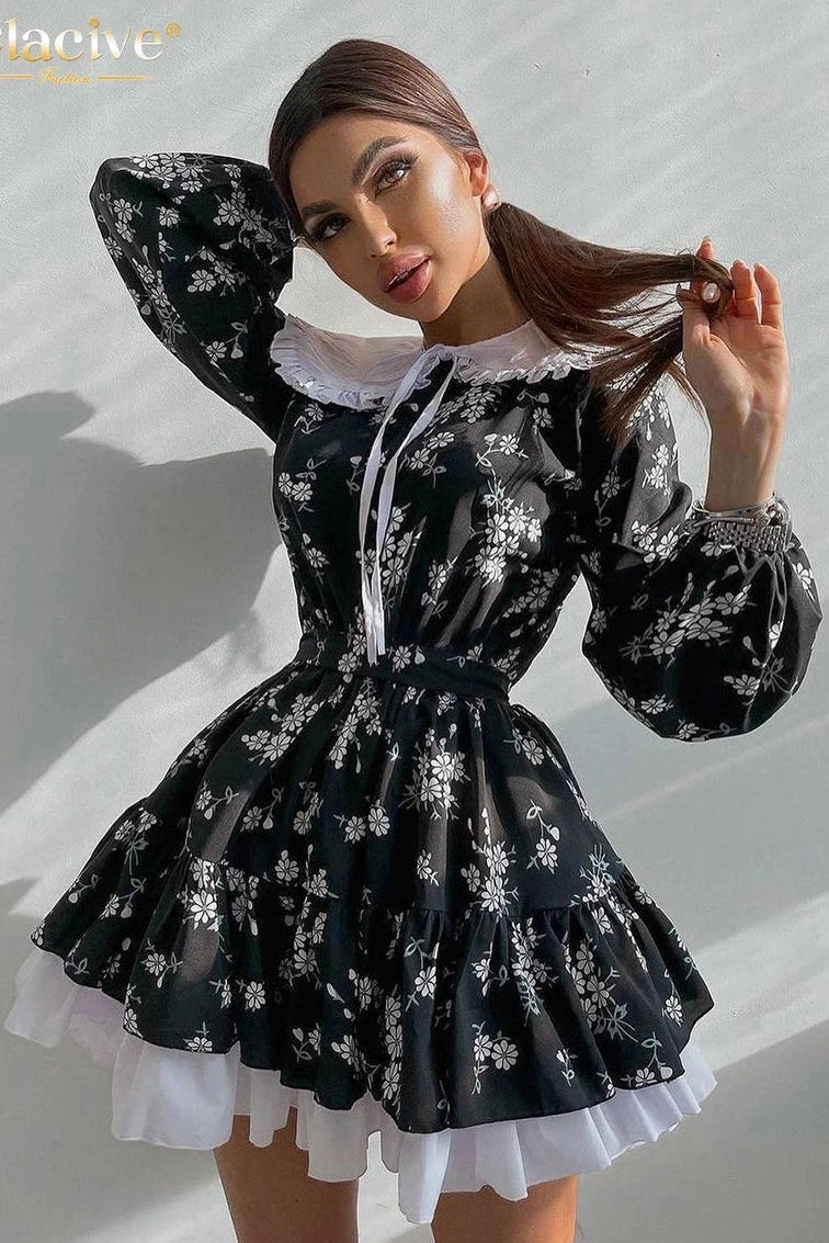 Print Long Sleeve Mini Dress