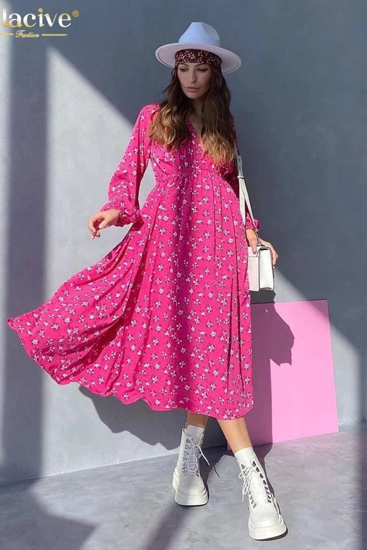 Print V-Neck Puff Sleeve Midi Dress