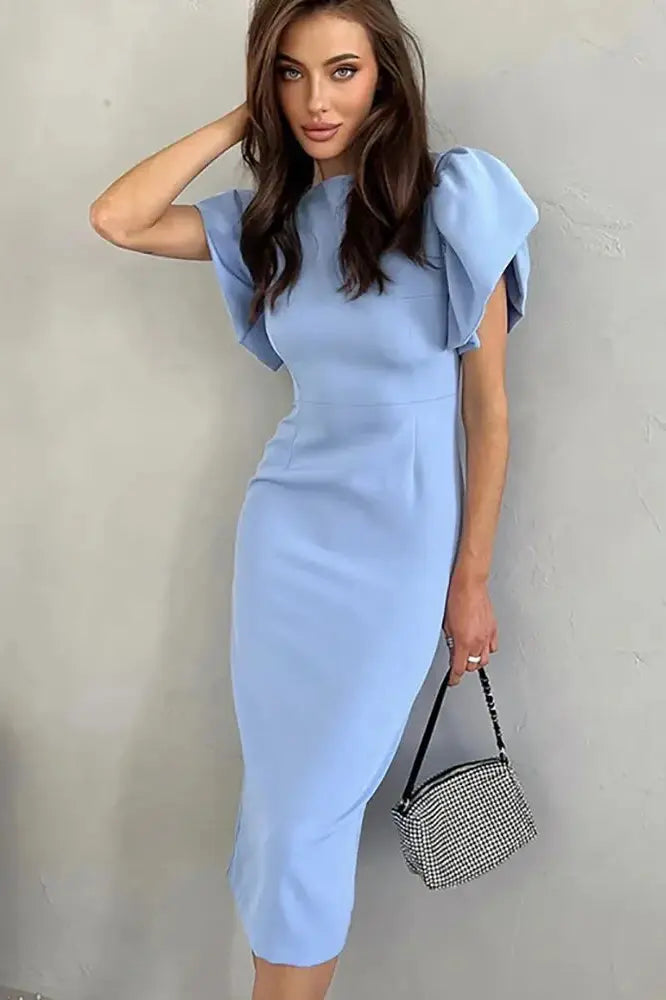 Chic Blue Ruffle Sleeve Midi Dress