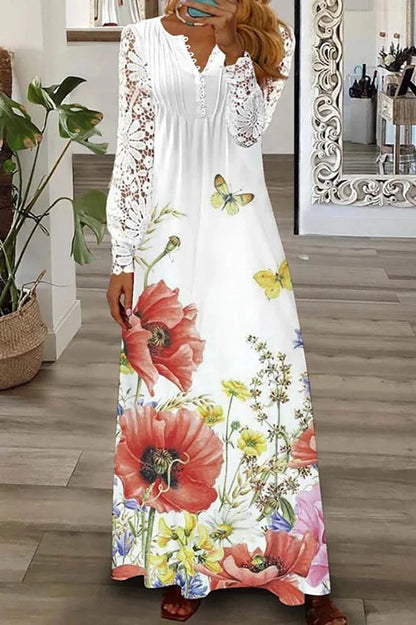 V-Neck Printed Long Sleeve Maxi Dress