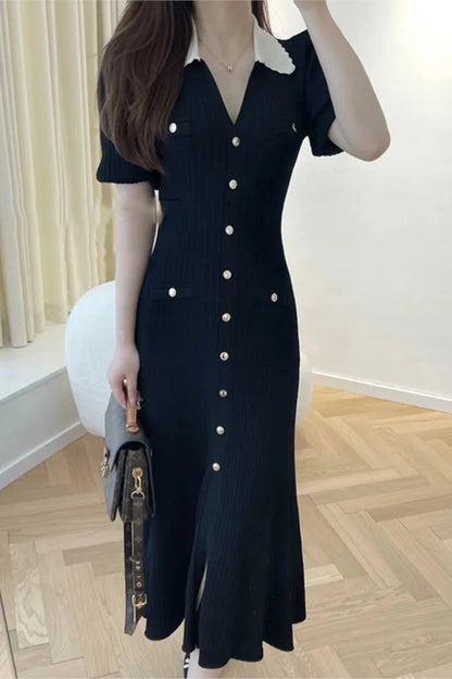 Elegant V-Neck Puff Sleeve Midi Dress