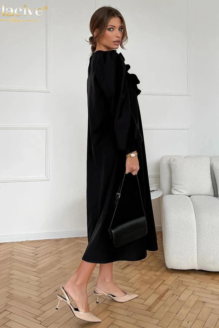 O-Neck Long Sleeve Midi Dress