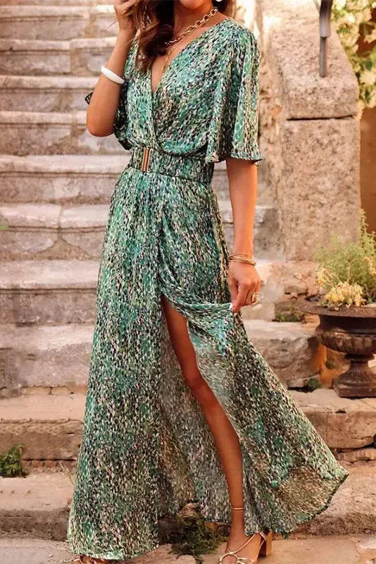 Deep V-Neck Half Sleeve Maxi Dress