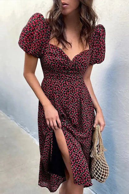 Floral Print Puff Sleeve Backless Midi Dress