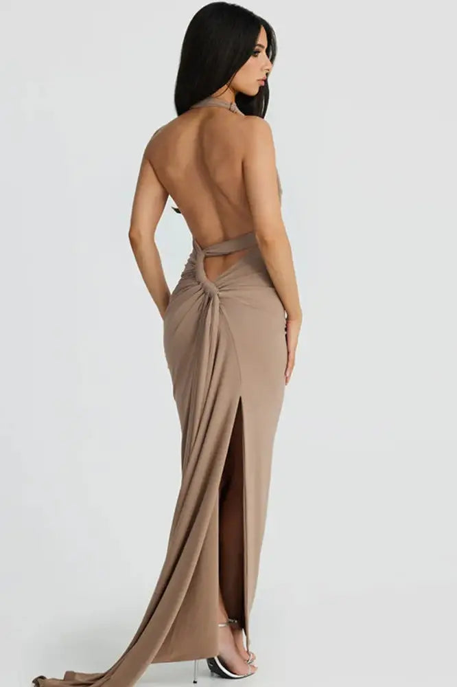 Halter Ruched Backless Maxi Dress