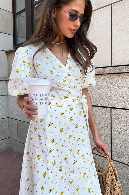 V-Neck Printed Lace-Up Midi Dress