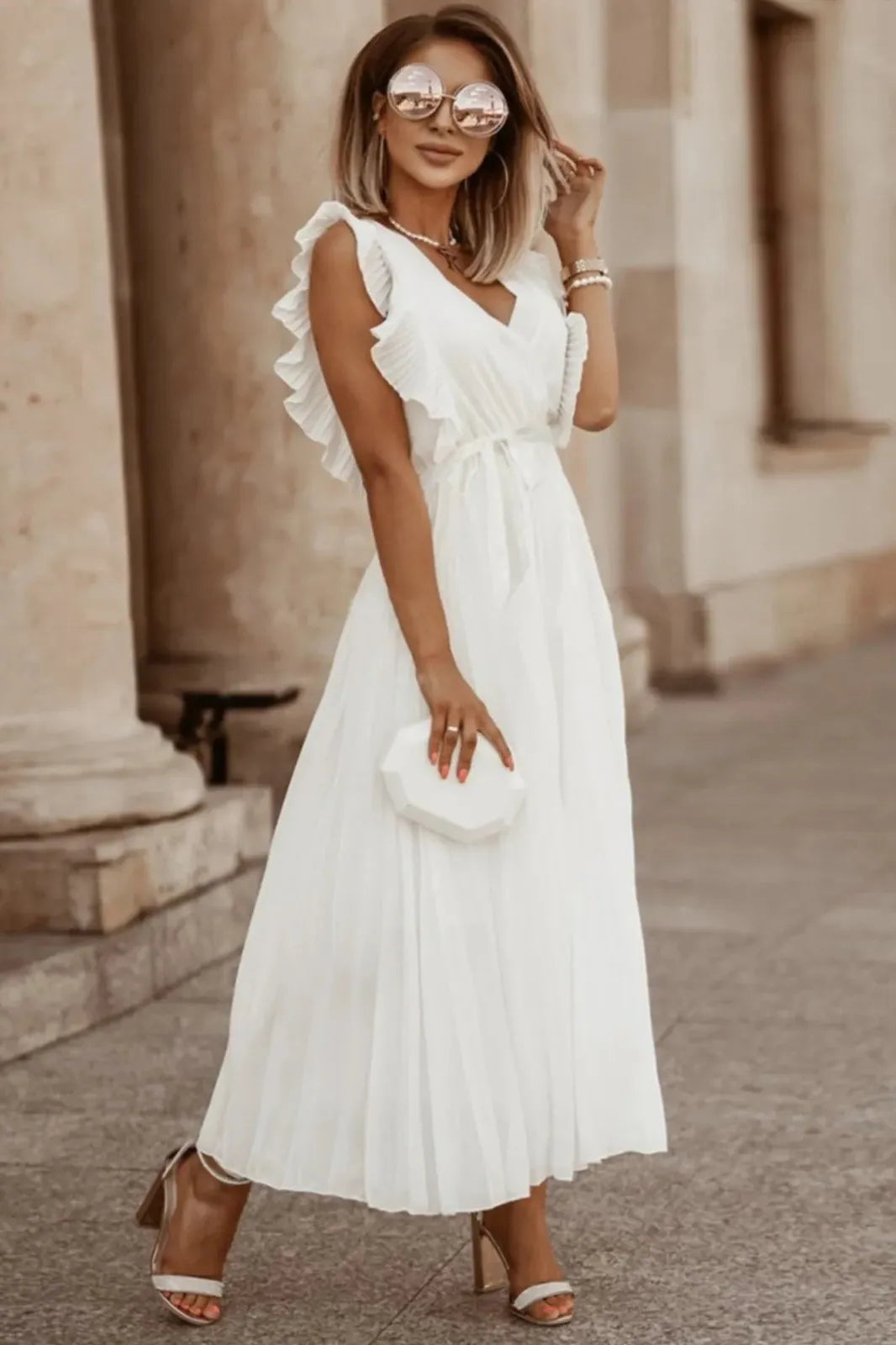 Leaf Sleeve Belt V-Neck Pleated Maxi Dress