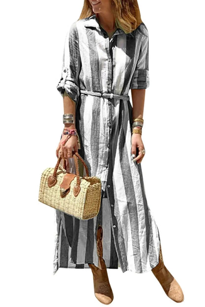 Elegant Striped Print Long Sleeve Maxi Dress