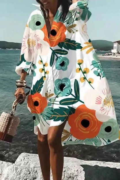 Elegant Floral Printed Long Sleeve Midi Dress