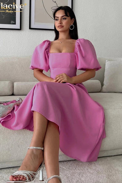 Square Collar Puff Sleeve Maxi Dress