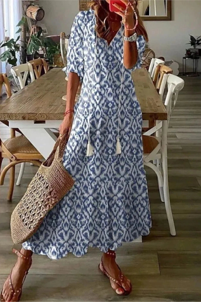 Printed V-Neck Half-Sleeve Maxi Dress