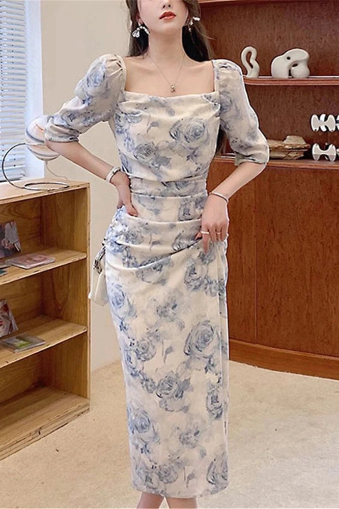 Floral Printed Puff Sleeve Midi Dress