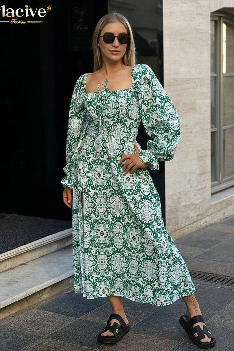 Square Collar Long Sleeve Midi Dress