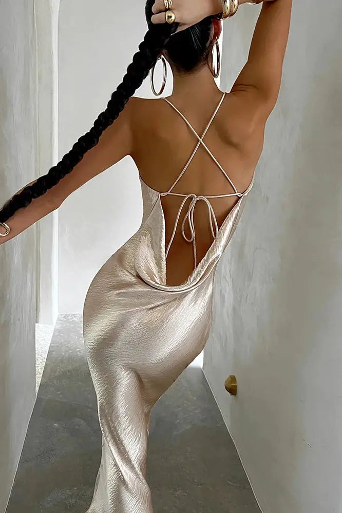 Satin Spaghetti Strap Sleeveless Backless Maxi Dress