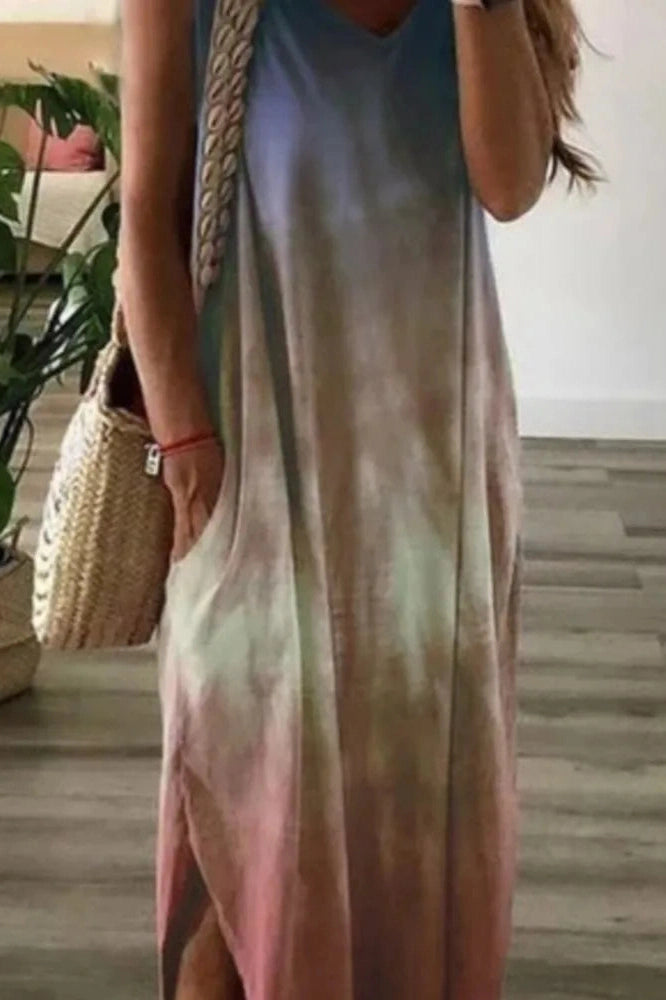 Printed Sleeveless V-Neck Maxi Dress