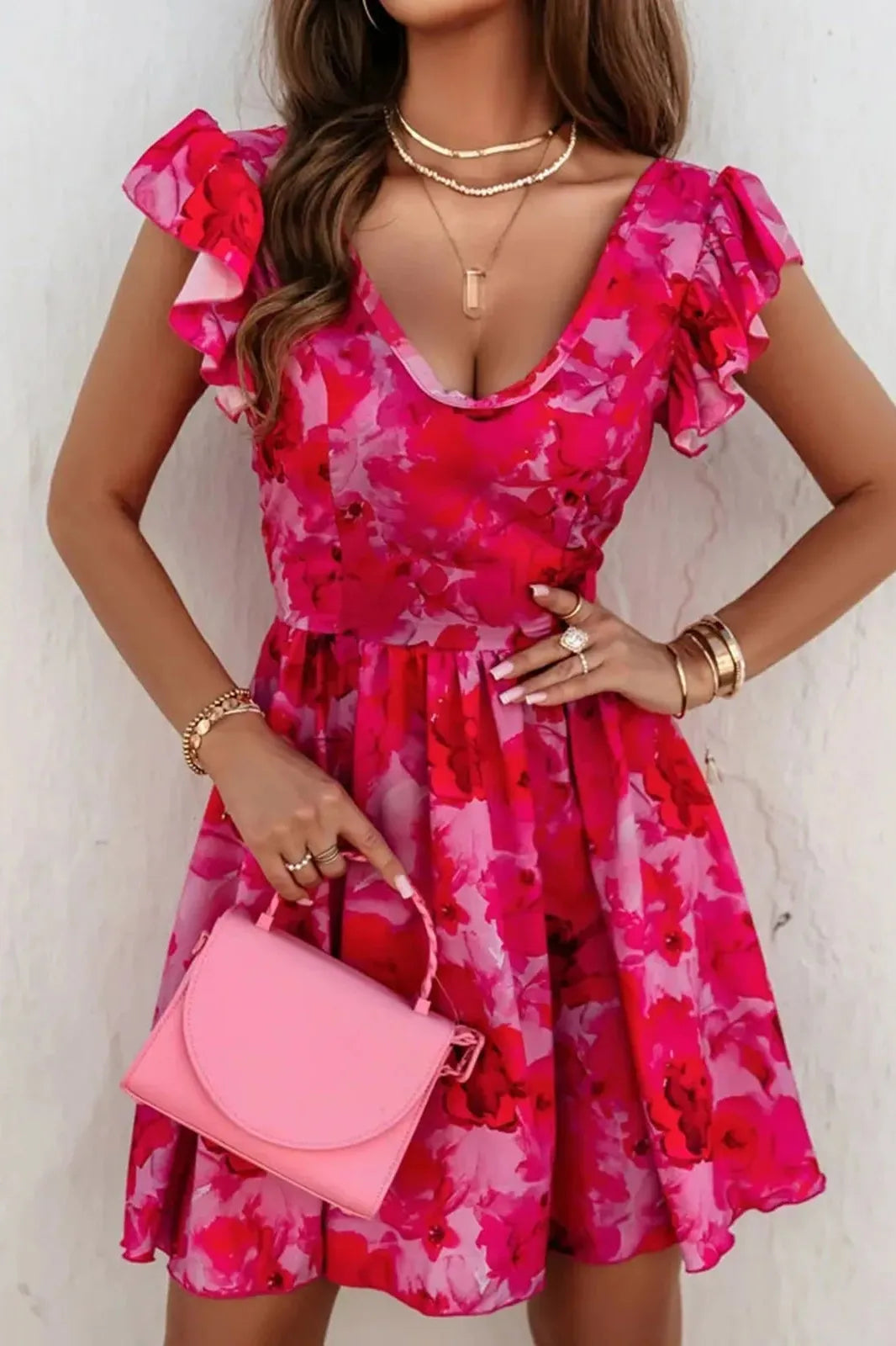 V-Neck Floral Print Ruffle Mini Dress