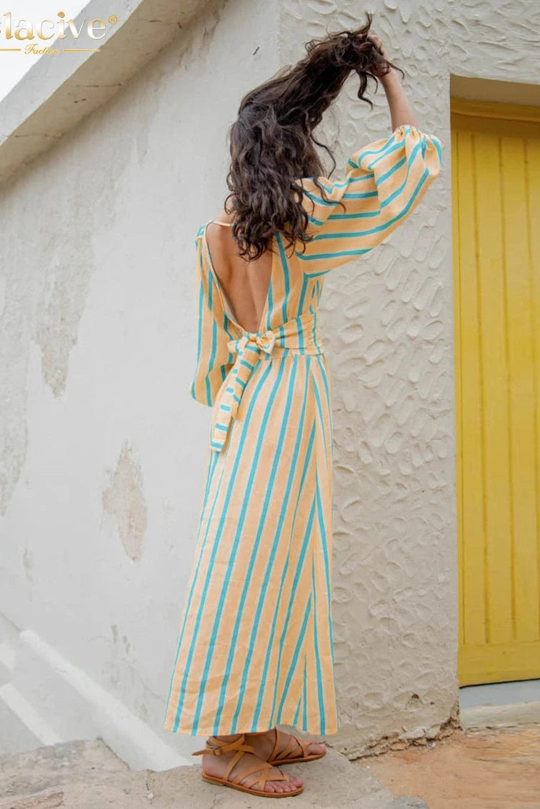 Print O-Neck Puff Sleeve Maxi Dress