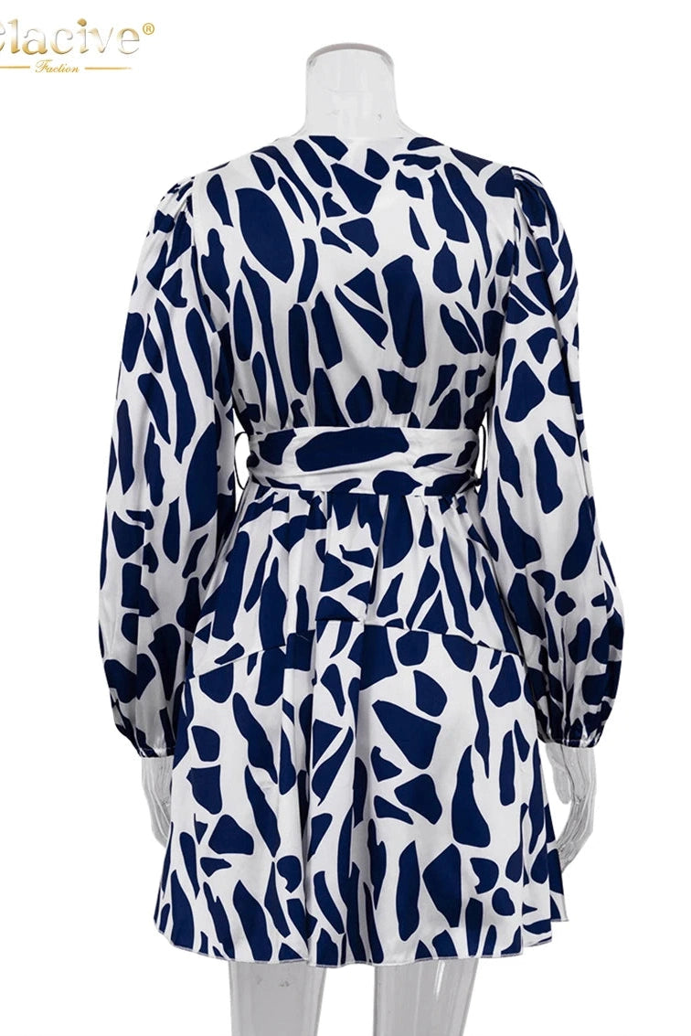 Print V-Neck Puff Sleeve Mini Dress