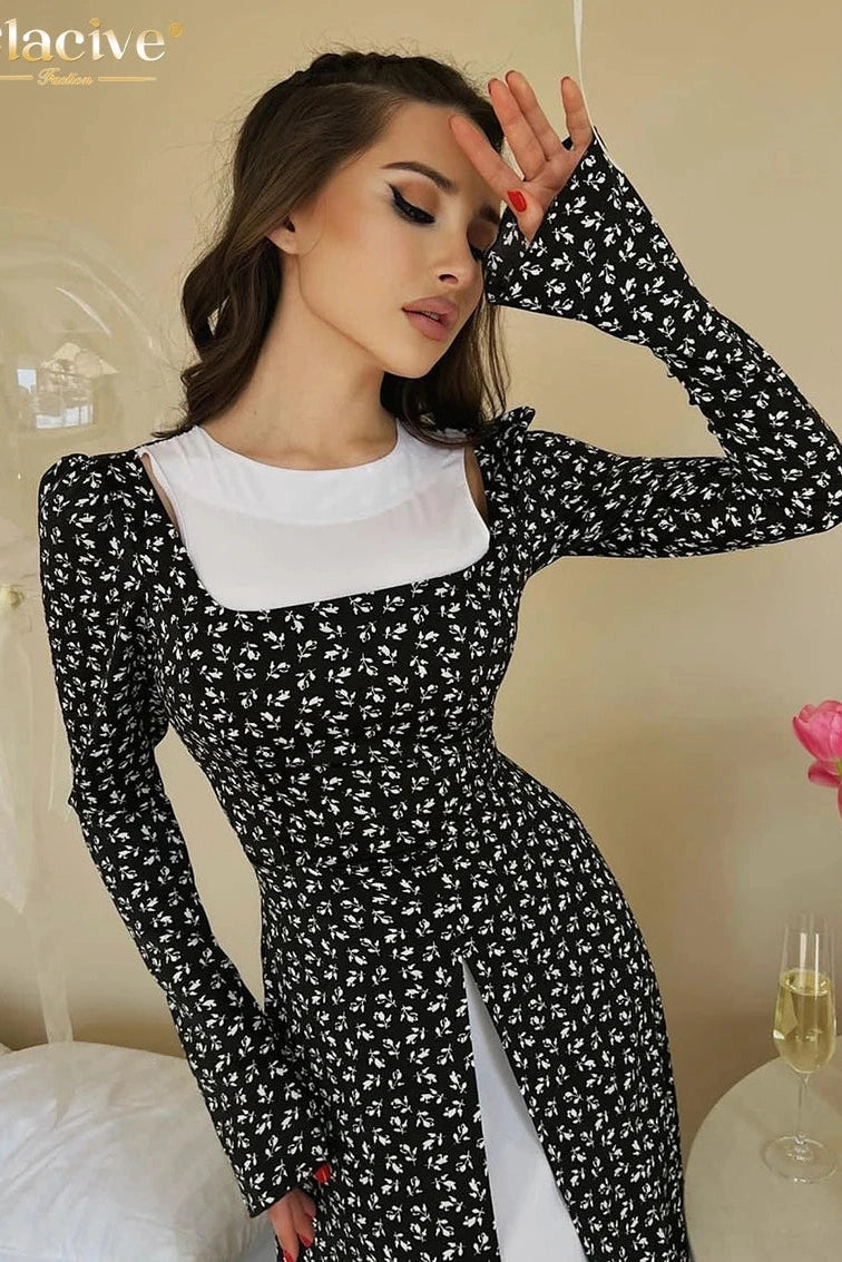 Print Bodycon Long Sleeve Maxi Dress