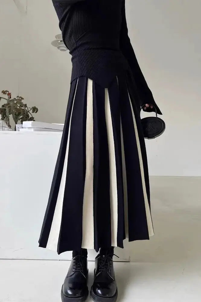 High Waist Patchwork Pleated Maxi Skirt