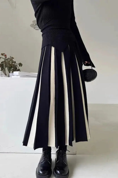 High Waist Patchwork Pleated Maxi Skirt