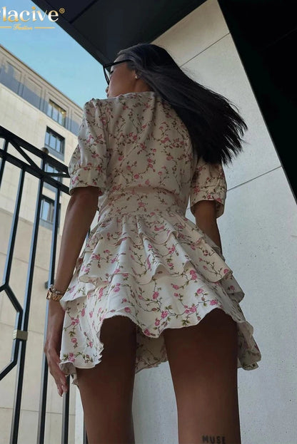 Print V-Neck Short Sleeve Mini Dress