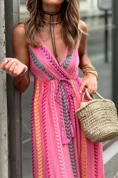 Elegant Printed Deep V-Neck Maxi Dress