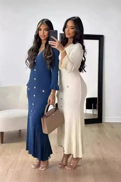 Elegant V-Neck Long Sleeve Maxi Dress