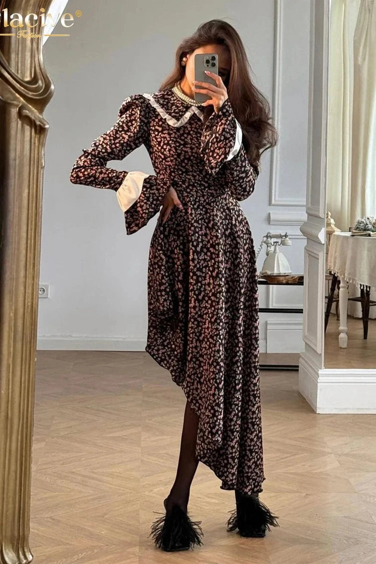 Elegant Long Sleeve Print Midi Dress