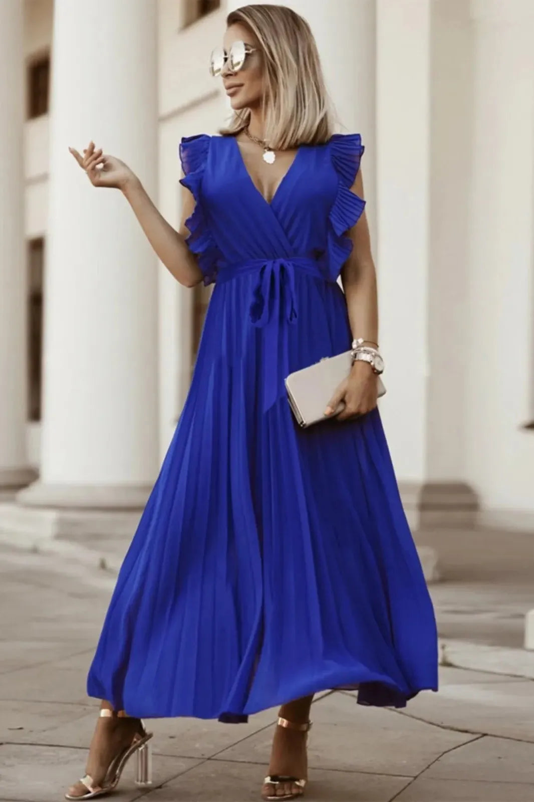 Leaf Sleeve Belt V-Neck Pleated Maxi Dress