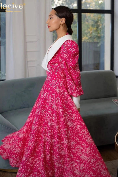 Elegant Print Lantern Sleeve Maxi Dress