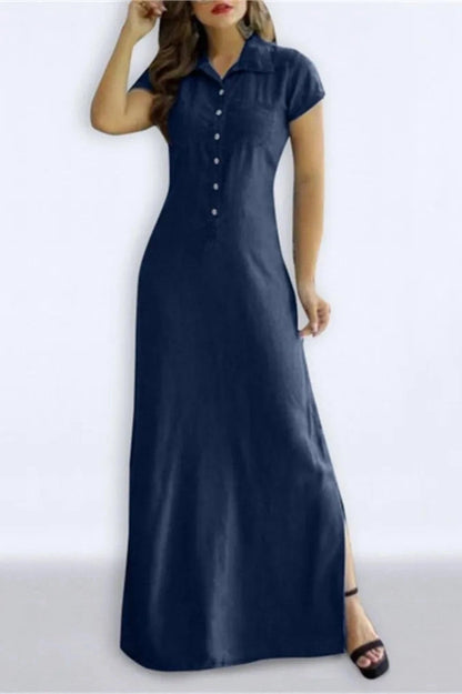 Turn-Down Collar Pocket Button Maxi Dress