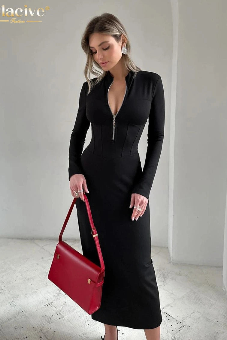 Elegant Long Sleeve Bodycon Midi Dress