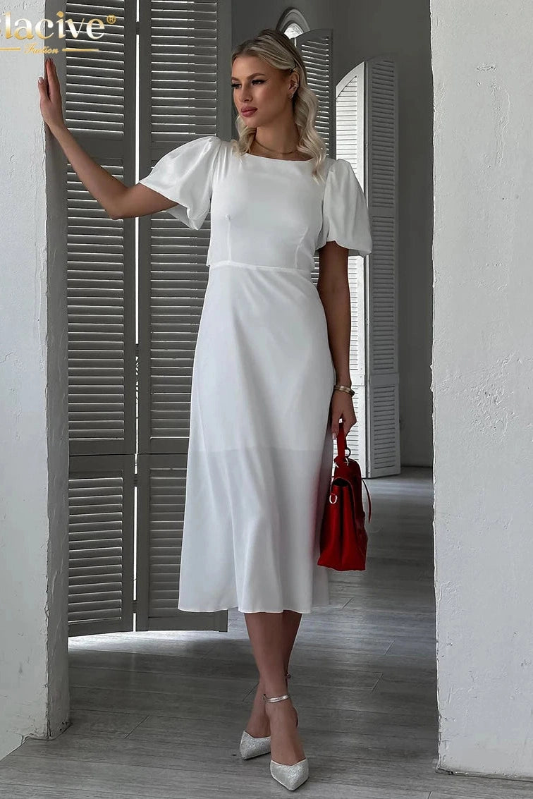 O-Neck Short Sleeve Midi Dress