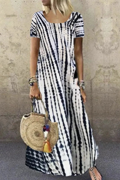 Printed O-Neck Short Sleeve Maxi Dress